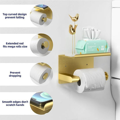 GLNLQ Brushed Gold Toilet Paper Holder Wall Mount, Fits Mega Rolls Size Rustproof Self Adhesive Brushed Brass Toilet Paper Holder Gold with Shelf