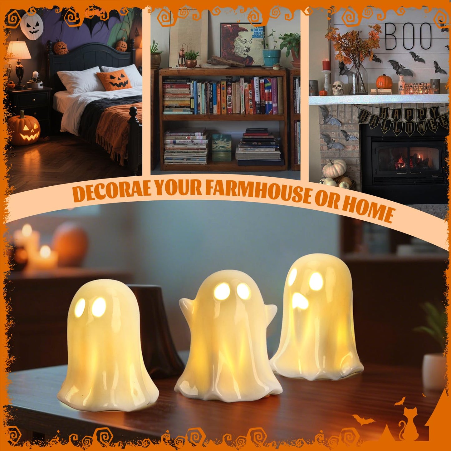Ghost Halloween Decor - 3Pcs Ceramic Halloween Ghost Decorations Indoor, Light Up Glazed White Ghost Figurines Cute Ceramic Ghost Sculpture for Halloween Night Light Table Tray Decor