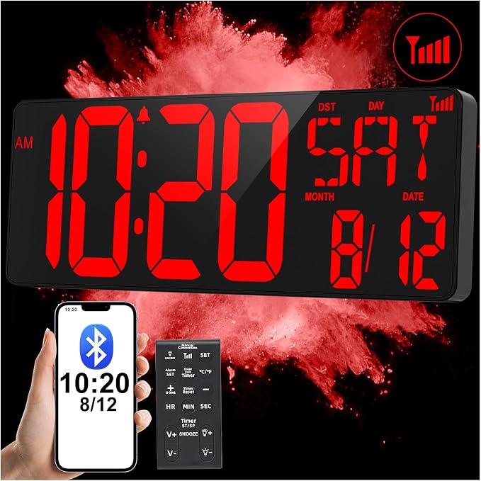 XREXS 17.2" Large Digital Wall Clock Bluetooth Sync Time, Precise Atomic Clocks with Remote Control, Adjustable Dimmer Grandfather Clock, Temperature for Bedroom, Desk Alarm Clock for Elderly