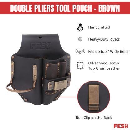 FESA Durable Leather Pliers Holster - Heavy Top Grain Leather Double Plier Holder for Belt with Steel Hammer Holder, Tape Clip & 2 Carpenter's Pencil Pockets - Clip On Any Belt - Handcrafted (Brown)