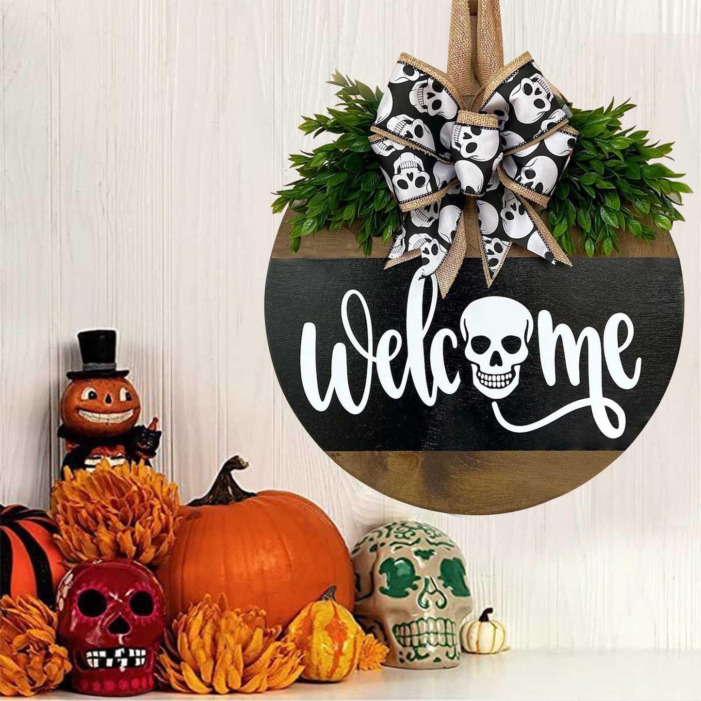HONYUEYIM Halloween Wooden Hello Boo Ghost Bow Door Sign(Skull)