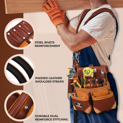AP-LEATHER PRO-19 4MM Genuine Full Grain Leather Tool Belt for Men, tool belt with suspenders, Comfort Back Padded Support with Brass Hardware Tool Pouches With Suspenders (28 Pocket Tool Belt)