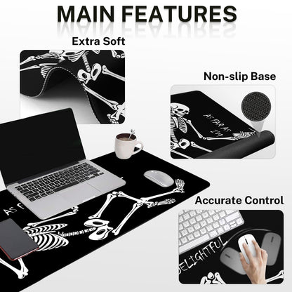 Britimes Black Skull Skeleton Keyboard Mouse Pad Set 4in1 Large Mousepad+Keyboard Wrist Rest+Mouse Wrist Rest+Coaster Set with Ergonomic Design for Home Office Computer 35.4x15.7 inches