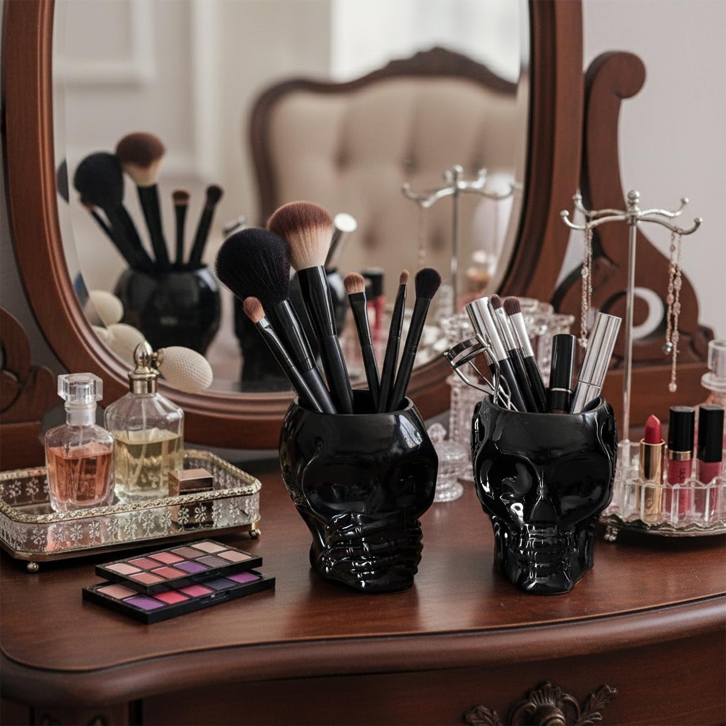 Set of 2 Gothic Home Decor, See No Evil Speak No Evil Skeleton Makeup Brush Holder, Black Skull Pen Holder & Succulent Planter - Cool Desk Accessories for Men & Women, Spooky Halloween Room Decor Gift