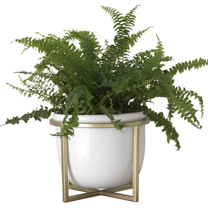 LA JOLIE MUSE Ceramic Flower Plant Pot with Stand - 6.7 Inch White Indoor Planter Pot with Gold Metal Stand for Herbs Orchids Cacti Succulents
