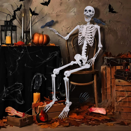 LOSFOTBO 5.4ft/165cm Halloween Skeleton with Realistic Crows Full Body Plastic Human Bones with Movable Joints for Indoor Outdoor Halloween Decor