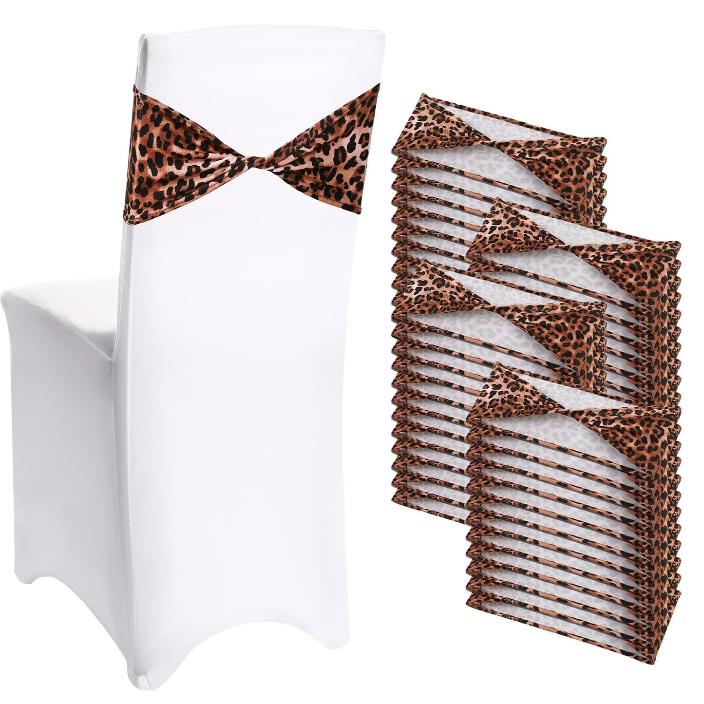 Newwiee 48 Pcs Spandex Chair Bands Animal Print Elastic Chair Sashes Bow Polyester Chair Cover Bands Ties Without Buckle for Animal Safari Jungle Theme Party Birthday Decor (Leopard Print)