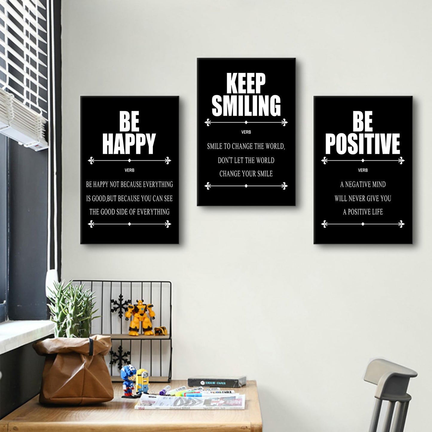 YSPCSUN Triptych Wall Decor Inspirational Posters for Office, Black White Be Happy Positive Quote 3 Panel Canvas Prints for Home Office Dorm Classroom, 48x24 Inch Display