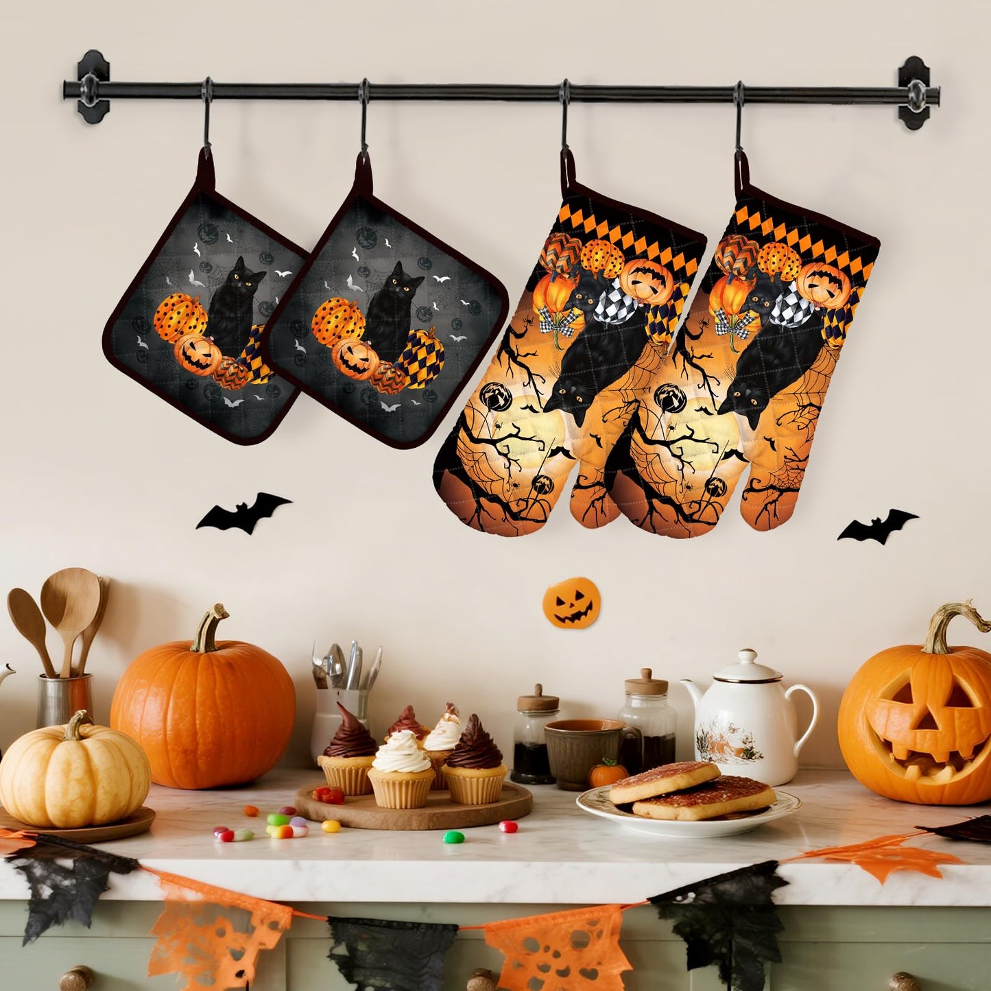 Arquiel Halloween Cat Oven Mitts and Pot Holders Sets 4Pcs, 100% Cotton Heat Resistant, Extra Long Oven Gloves Potholder for Kitchen Cooking Baking Decoration