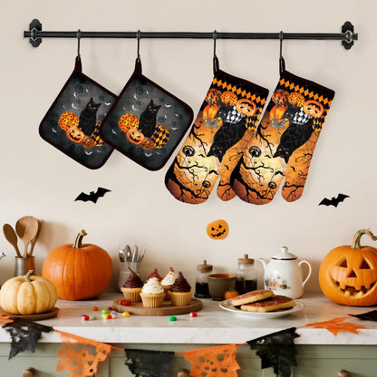 Arquiel Halloween Cat Oven Mitts and Pot Holders Sets 4Pcs, 100% Cotton Heat Resistant, Extra Long Oven Gloves Potholder for Kitchen Cooking Baking Decoration