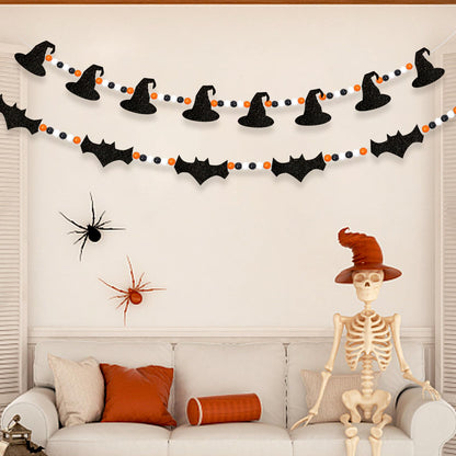 XEFINAL 2 PCS Halloween Felt Bats Witch and Wood Beads Garland Halloween for Mantle Garland Banner Decor Indoor Outdoor Haunted House Decoration