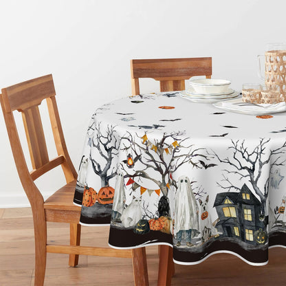 Horaldaily Halloween Tablecloth 70×70 Inch Round, Jack-O-Lantern Pumpkin Cobweb Ghost Dog Bats Washable Table Cover for Party Picnic Dinner Decor