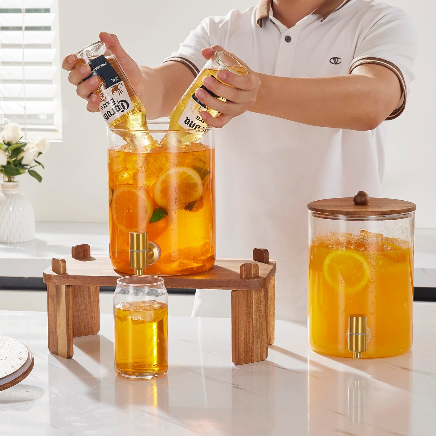 2 PCS 1 Gallon Drink dispenser, Glass Beverage Dispenser With Wood Stand, Large Water Drink Dispensers for Parties With Stainless Steel Spigot, Ideal for Lemonade,Juice, Tea, and Party Drinks