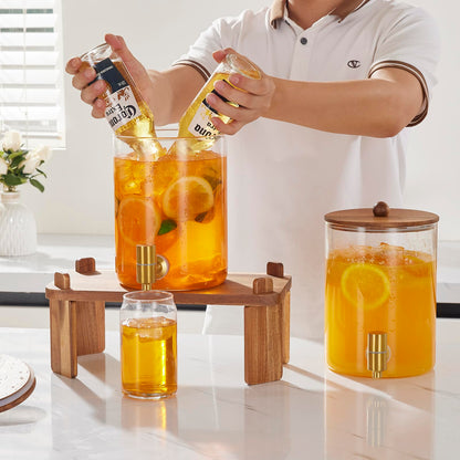 2 PCS 1 Gallon Drink dispenser, Glass Beverage Dispenser With Wood Stand, Large Water Drink Dispensers for Parties With Stainless Steel Spigot, Ideal for Lemonade,Juice, Tea, and Party Drinks