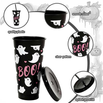 JarThenaAMCS 12Pcs Halloween Plastic Cups with Straw and Lid Cute Ghost Tumbler 24oz Boo Plastic Cups for Cold Drinks Halloween Decoration Party Favors