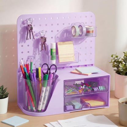Novabright Desk Organizer with Drawers, Rotating Pen Holder with 5 Slots & Pegboard, Back to School & First Day of School Gifts, Multifunctional Desktop Storage for Desk Home Office Supplies(Purple)