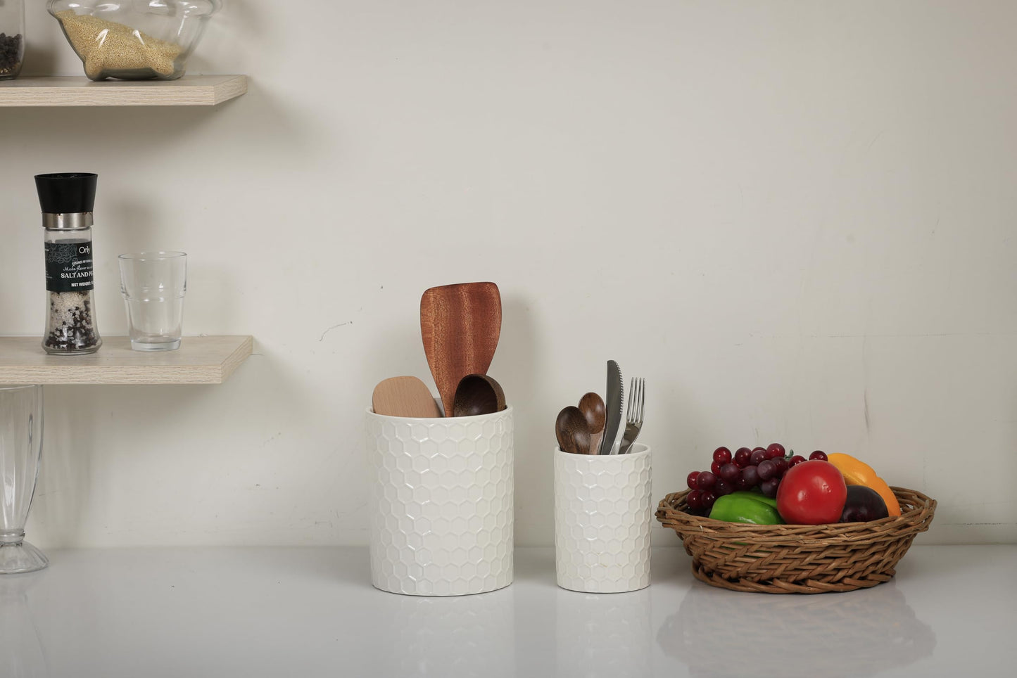Docrin Ceramic Kitchen Utensil Holder 2 Pack - 6.8"+5.1" Inch Countertop Storage Organizer, Non-Slip Base, Easy to Clean, Elegant White Ceramic Utensil Crocks for Spatulas, Spoons, Cooking Gadgets
