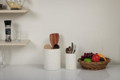 Docrin Ceramic Kitchen Utensil Holder 2 Pack - 6.8"+5.1" Inch Countertop Storage Organizer, Non-Slip Base, Easy to Clean, Elegant White Ceramic Utensil Crocks for Spatulas, Spoons, Cooking Gadgets