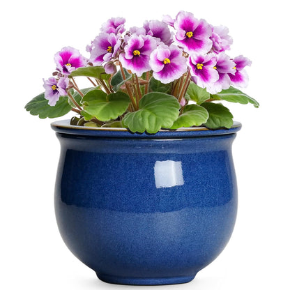 Teagas 6 Inch Self Watering Pots, Ceramic African Violet Planter with Absorbent Inner Pot, Round Flower Pot for Indoor Plants, Ceramic Pots for Plants, Room Home Decor, Plant Lover Gifts, Blue