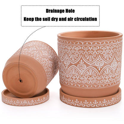 Suwimut Set of 2 Terracotta Plant Pots 4 Inch 6 Inch, Small Medium Clay Planter Pot, Ceramic Cactus Flower Succulent Pot with Drainage Hole and Saucer for Indoor Outdoor Plants