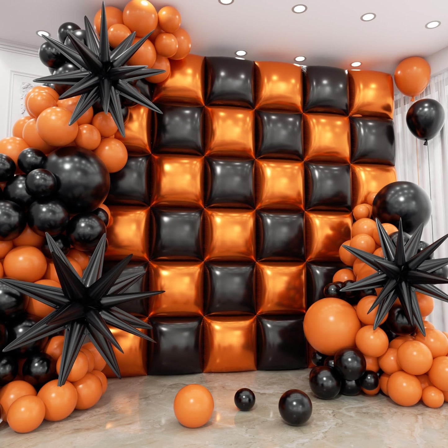 HKYOOD 36pcs Black and Orang Square Foil Balloons Wall Backdrop with 147pcs Balloon Garland Arch Kit, Double Sided Balloons for Halloween Graduation Birthday Anniversary Baby Shower Party Decorations