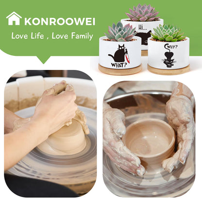 KONROOWEI 3 Pcs Cat Ceramic Plant Pots,Funny Cat Planter Gifts for Women,for Indoor Plants Garden Planters Succulent Pots, with Drainage Holes and Saucer(No Plants)