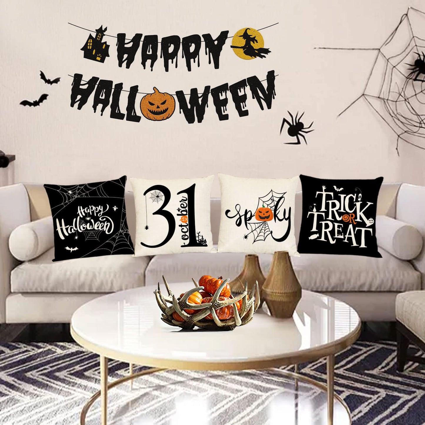 Neatee Living Halloween Pillow Covers 16x16 Set of 4 Trick or Treat Decorative Throw Pillows Cover Black Spider Webs Pillow Cases Home Outdoor Sofa Couch Cushion Covers for Halloween Decor (16 by 16)