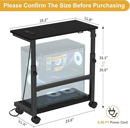 Snughome Computer Tower Stand with Charge Station, 25.0"-32.1" Height Ajustable PC Tower Stand for Floor, Mobile CPU Holder Cart for Carpet with Hooks, PC Cart for Gaming Office Home