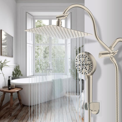 Hibbent All Metal CUPC Certified Shower Head, 10'' High Pressure Rainfall Shower Head, Handheld Showerhead Combo, 12'' Adjustable Extension Arm, 10 Sprays, 71'' Hose, Showerhead Holder, Brushed Nickel