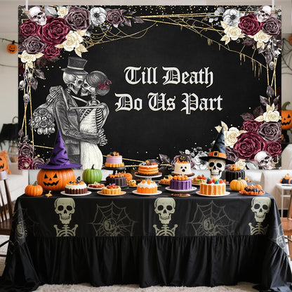 AIBIIN Halloween Till Death Do Us Part Backdrop Spooky Skull Gothic Wedding Photography Background Bridal Shower Bride and Groom Mr and Mrs Anniversary Party Decorations Banner 70.8 x 43.3 inch
