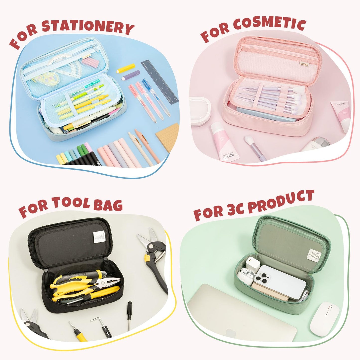 SUNEE Cute Pencil Case, Large Capacity Pencil Pouch, Big Storage Organizer for Stationery, Zipper Pen Bag,Back to School Supplies,Office Water-Repellent Nylon Pencil Bag for Teen Girls Boys,Light Pink