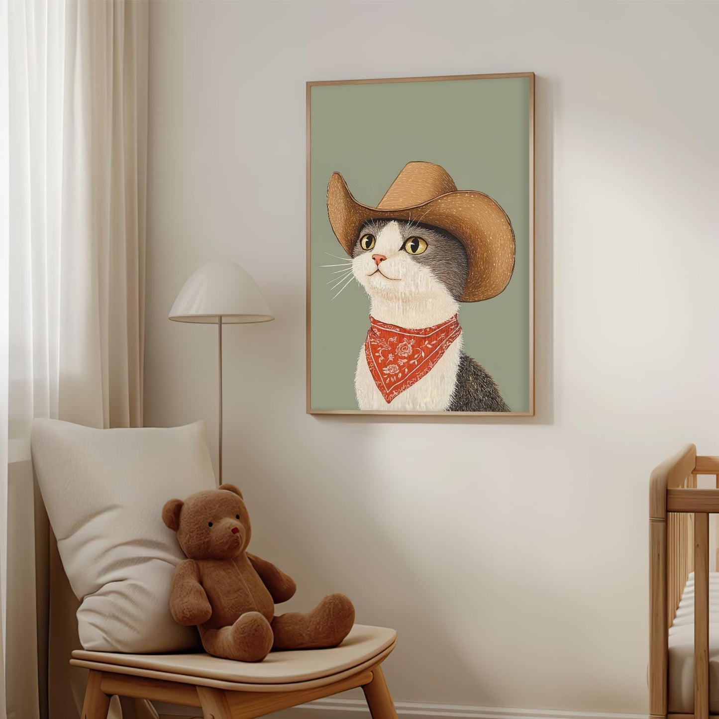Nursery Poster Cute Animal Picture Funny Animal Wall Art Vintage Cowboy Cat Wall Art 16x24Inch Unframed Whimsical Cowboy Cat Pet Portrait Poster for BedRoom Living Room Boy Girl Kid Children's Bedroom