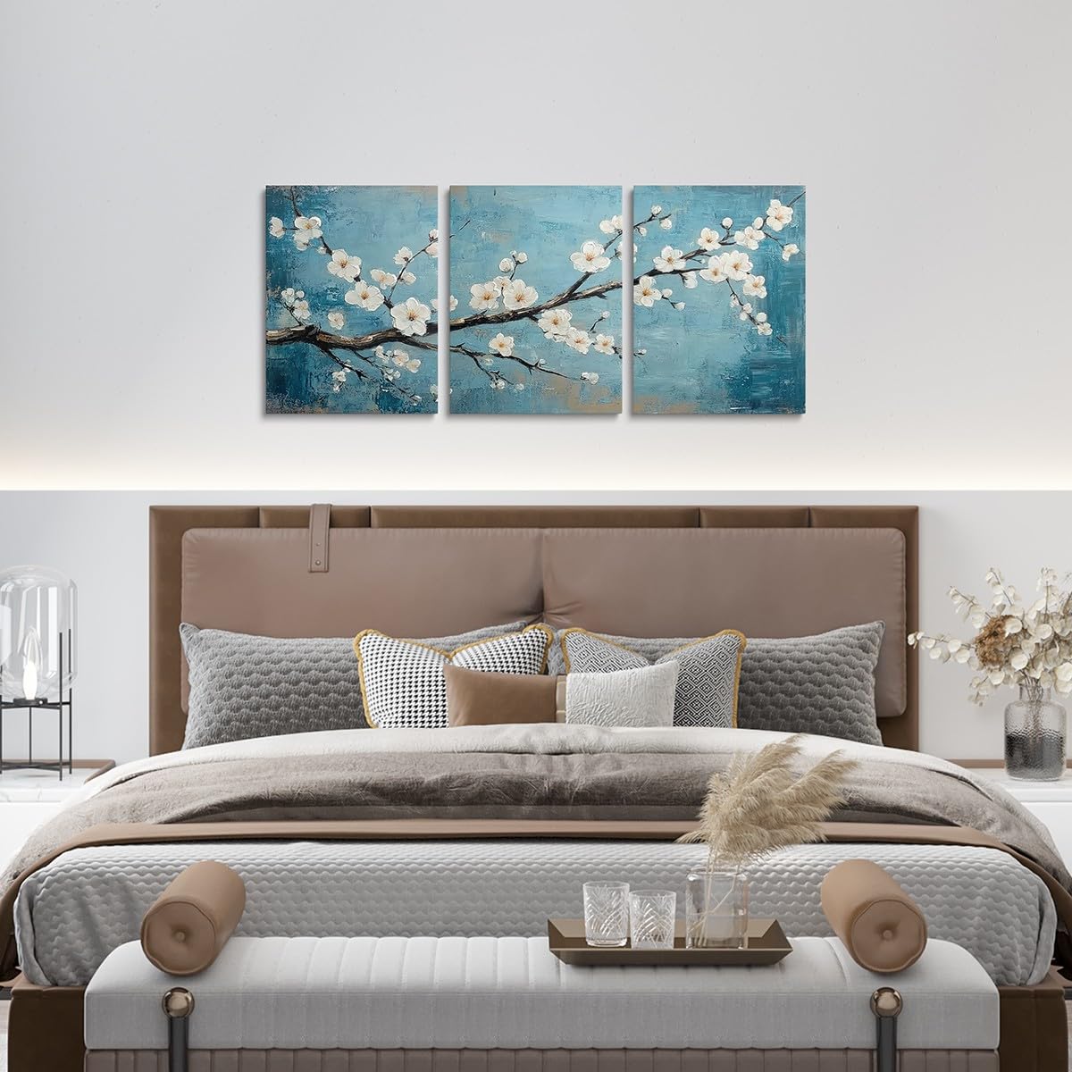 jejeloiu White Plum Blossom Canvas Wall Art for Living Room Bedroom 12"x16"x3pcs Teal Blue Picture Wall Decor for Bathroom Floral Flower Branches Office Decorations Artwork Posters Botanical Painting