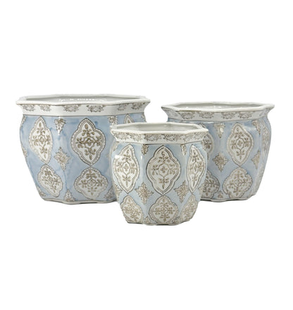 Galt International Light Blue & White Round Fluted Floral Porcelain Ceramic Plant Flower Planter Pot Set of 3 (7.5", 10", 13") Garden Pots Chinese Asian Design