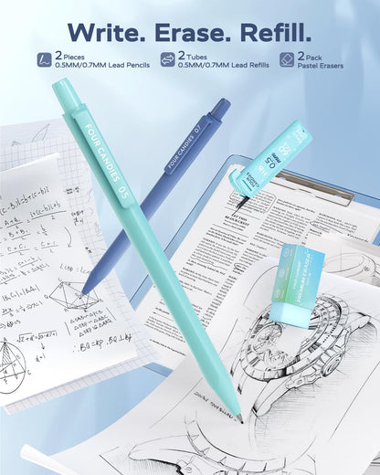 Four Candies Blue Office Supplies, Gel Pens with Black Ink, Correction Tapes,Pastel Highlighters, Mechanical Pencils, Sticky Notes, Index Post for Bible Study Stationary College Essentials
