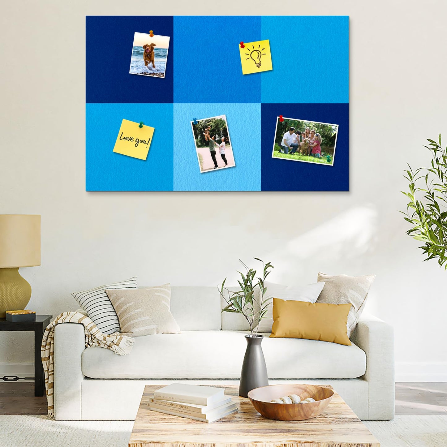 HULAVO Square Felt Cork Bulletin Board Tiles, Self Adhesive DIY Felt Pin Board for Wall 30" x 20" with 35 Pushpins for Office School Home Wall Decor Stickers Memos Photos Display (Gradual Blue)