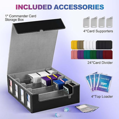 UAONO Trading Card Storage Box with Commander Display; 2400+ Deck Box for MTG with Removable Cover; Top Loaders Card Case fits Magic TCG PTCG Sports Cards; 24 Dividers, 4 Stoppers (Black, Grey)