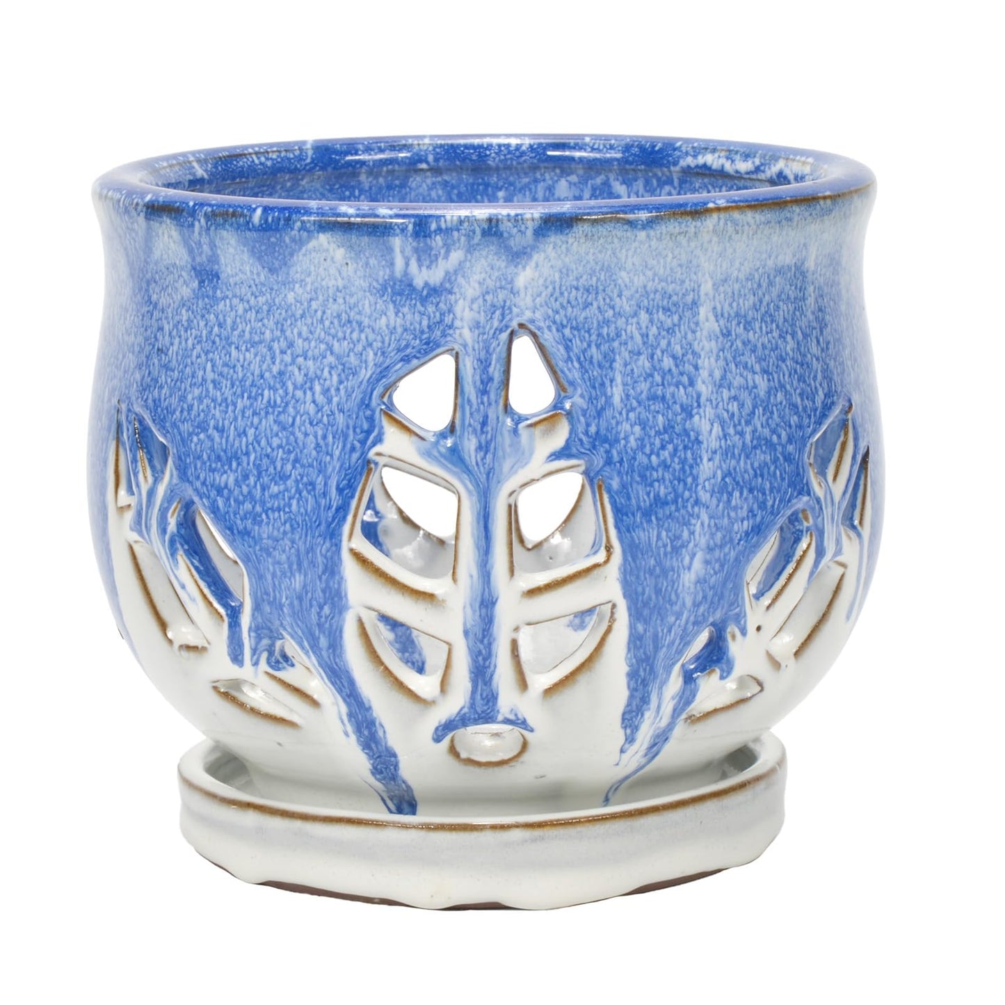 W&W Orchid Pot with Holes and Saucer for Repotting and Better Grow, Blue and White, 6.5 Inches