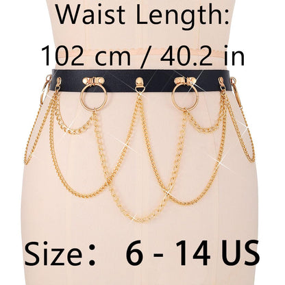 BODIY Black Leather Waist Chain Belt Gold Body Chain Punk Rave Accessories Fashion Body Jewelry for Women