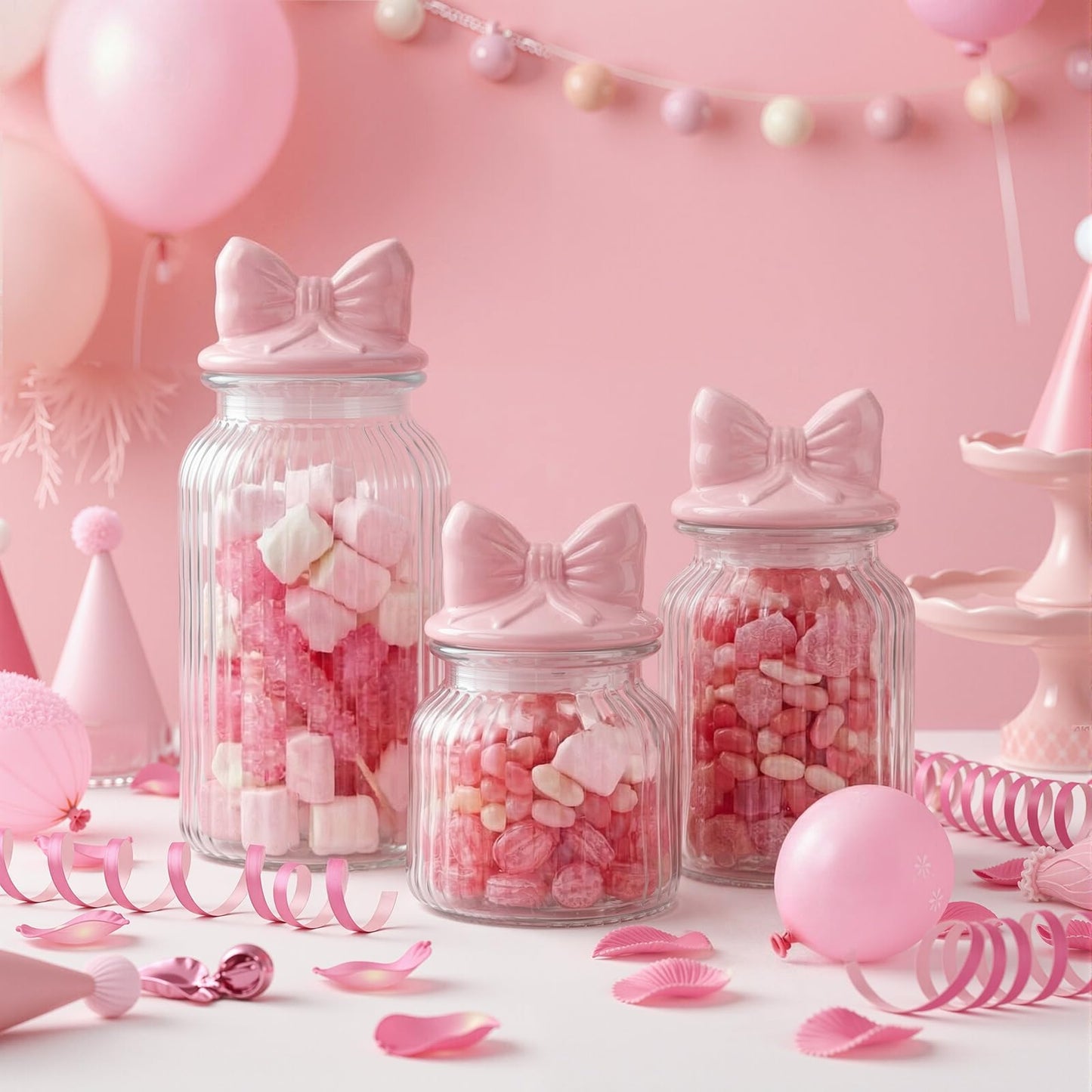 Potchen 3 Set Candy Jars Airtight Glass Cookie Jars with Ceramic Lid Cute Clear Cookie Storage Canister for Spring Summer Baby Shower Party(Bow and Stripes,Pink)