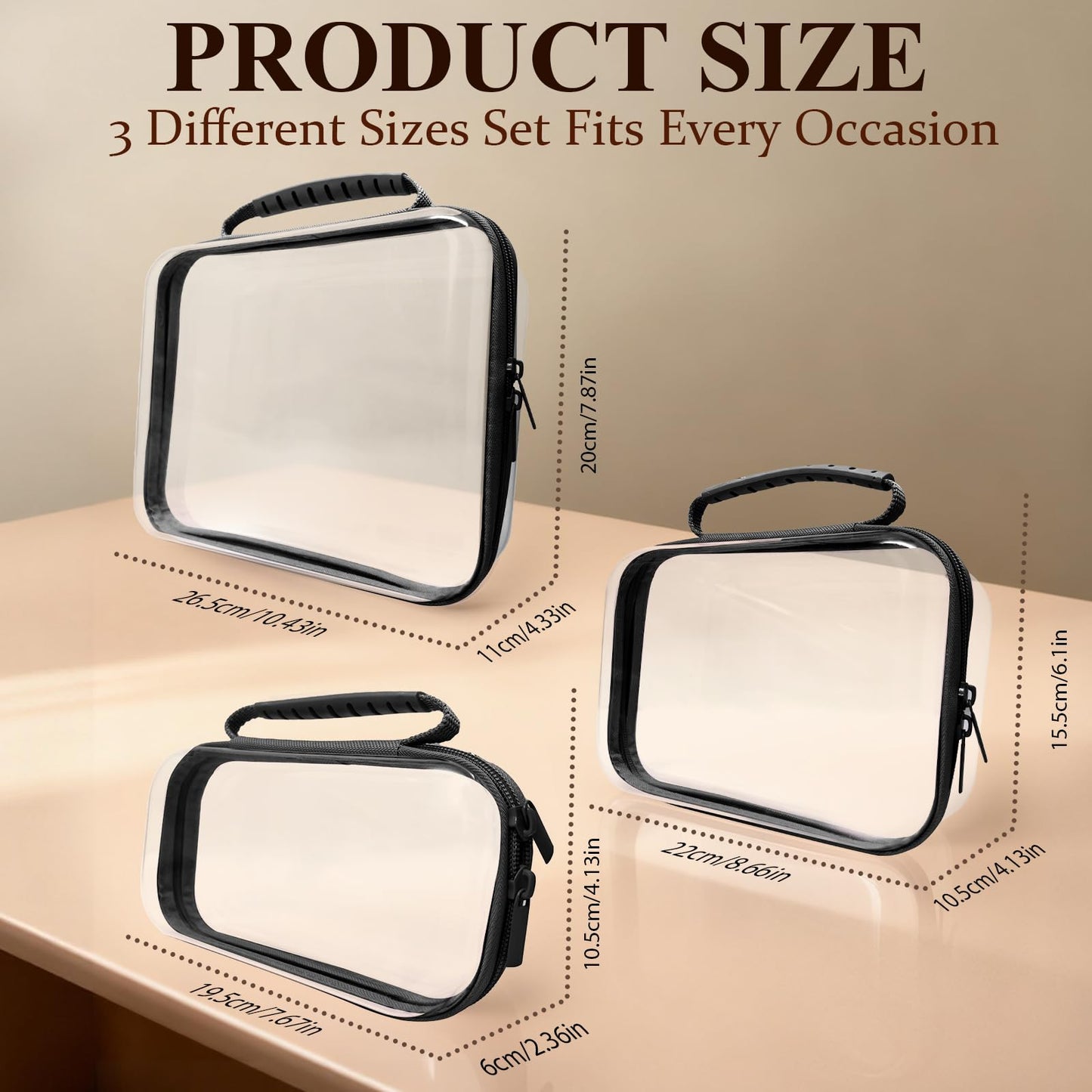 JeeVoya 3 PCS Clear Zipper Pouches with Handle, Diaper Bag Organizer, Clear Makeup Bags Hardshell Toy Storage Bins with Zipper Toiletry Pouch Bag for Cosmetics Pencils Puzzles, Building Blocks(Black)
