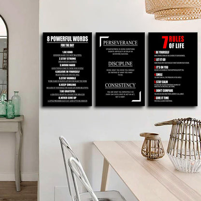 YSPCSUN Triptych Wall Decor Inspirational Posters for Office, Black White Perseverance Discipline Consistency 3 Panel Canvas Prints for Home Office Dorm, 48x24 Inch Display