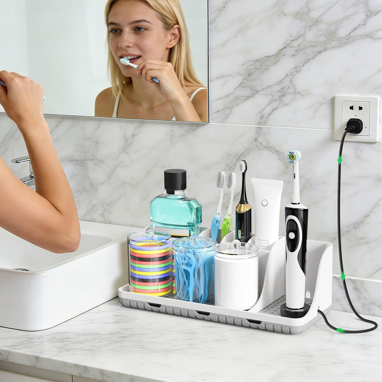 PARKMANI Bathroom Counter Organizers and Storage, Toothbrush Holders for Bathrooms with 3 PCS Qtip Holder, Kids Electric Toothbrush and Toothpaste Holder for Bathroom Vanity Sink Organizer (White)