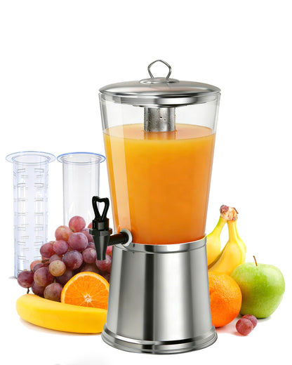 GUSTOCHEF Beverage Dispenser with Stand, 2.5 Gallon Drink Dispenser for Parties,Events,Buffet &Self-Serve,Dual Ice Tube Core Fruit Infuser,Leakproof Spigot,Clear PC Container, Stainless Steel Lid&Base