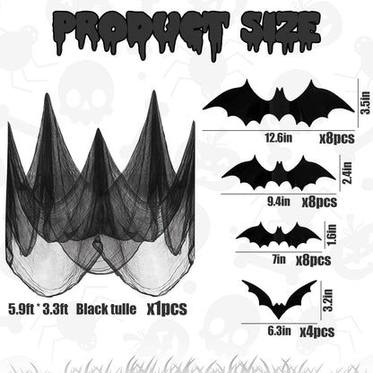 Halloween Hanging Witch Hats Decorations - 12PCS Black Witch Hats with Lights DIY Floating Witch Hats with 28PCS 3D Bats and Creepy Cloth for Halloween Porch Tree Party Decorations