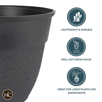 The HC Companies Brookhaven Decorative Round Planter - Lightweight Premium Resin Plant Pot with a Stonelike Texture for Indoor Outdoor Use (16 Inch Black, Pack of 2)
