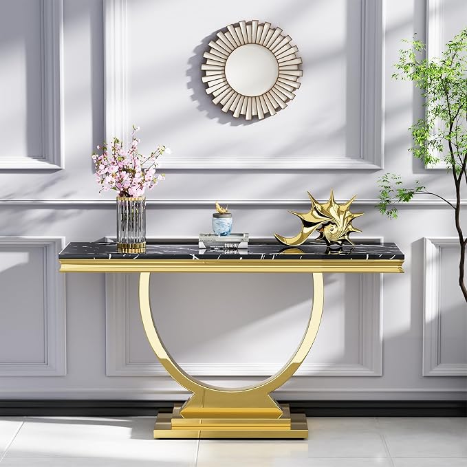 2 Piece Living Room Table Set Include 1 Faux Marble Coffee Table & 1 Console Table, Modern Black Gold Coffee Table Set of 2 with Double O Shape Stainless Steel Pedestal Base