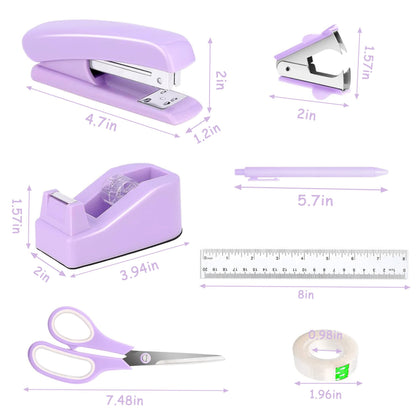 Dimonluce Purple Desk Accessories, Purple Office Supplies Accessories with Tape Dispenser, Stapler, Staple Remover, 1000 Staples, Tape, Clips Set, Ruler, Scissor, Pen