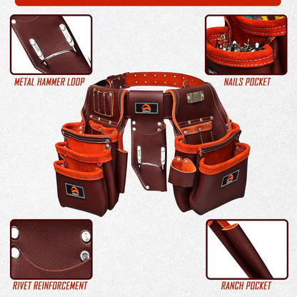 ABRIX Heavy Duty Tool Belt for Men – 4MM Thick Genuine Leather, Brass Buckle & Rivets | Foam Padded Comfort | 28-Pocket Carpenter & Framing Rig with Suspender | Work Belt Fit upto 32" to 52"