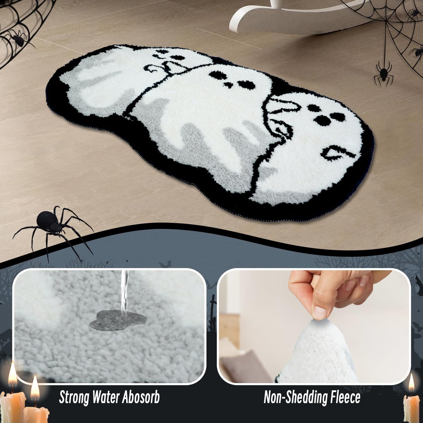 Good Haus Halloween Bath Rug for Bathroom Spooky Ghosts Bath Mat Bat Doormat Non Slip Cute Rugs for Kitchen Bedroom Holiday Outdoor Bedroom(Ghost)